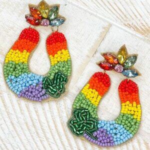 NEW Rainbow Pot of Gold Jeweled Crystal Seed Beaded St Patrick's Day Earrings